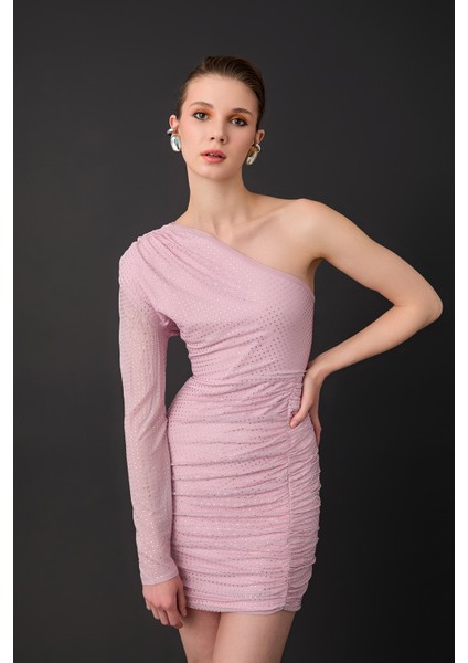 Taş Aksesuarlı Tek Omuz Mini Elbise Pembe