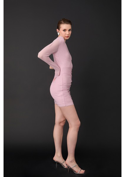 Taş Aksesuarlı Tek Omuz Mini Elbise Pembe