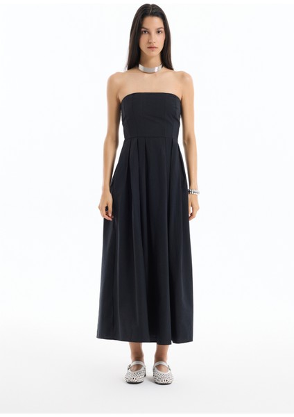 Straplez Pile Detaylı Uzun Elbise Siyah
