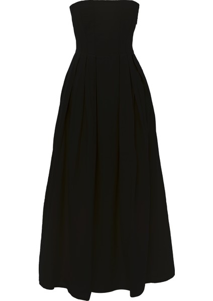 Straplez Pile Detaylı Uzun Elbise Siyah