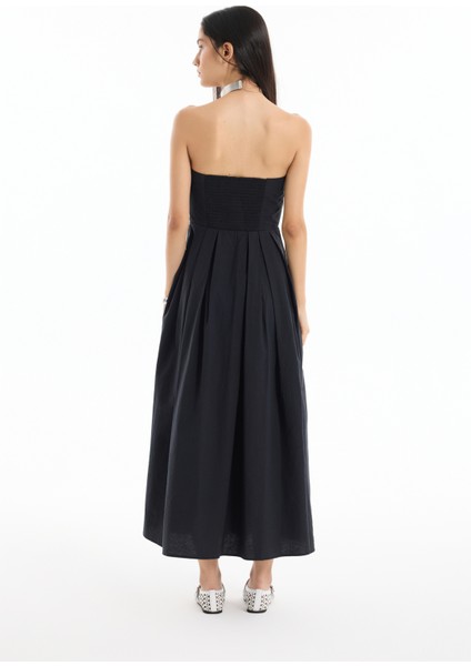 Straplez Pile Detaylı Uzun Elbise Siyah