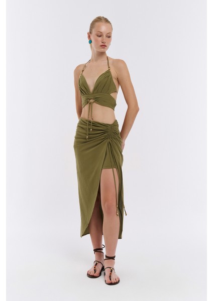 Boyundan Bağlama Detaylı Keten Bluz Haki