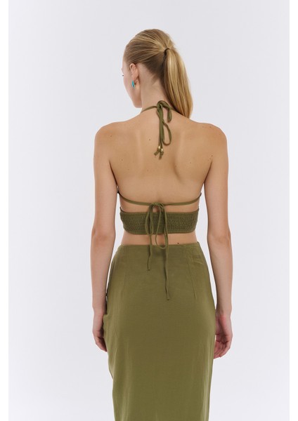 Boyundan Bağlama Detaylı Keten Bluz Haki