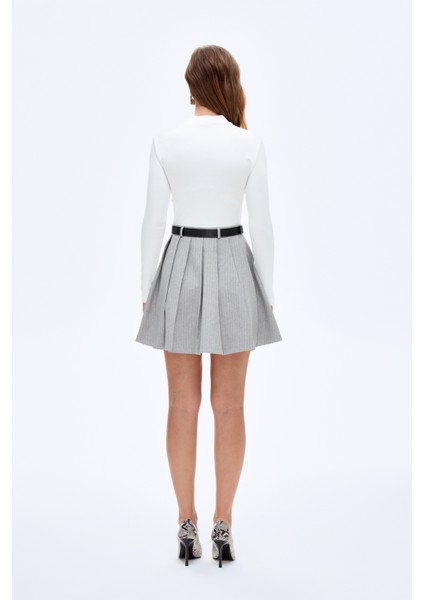 Kombine Kemerli Pileli Mini Elbise Ekru