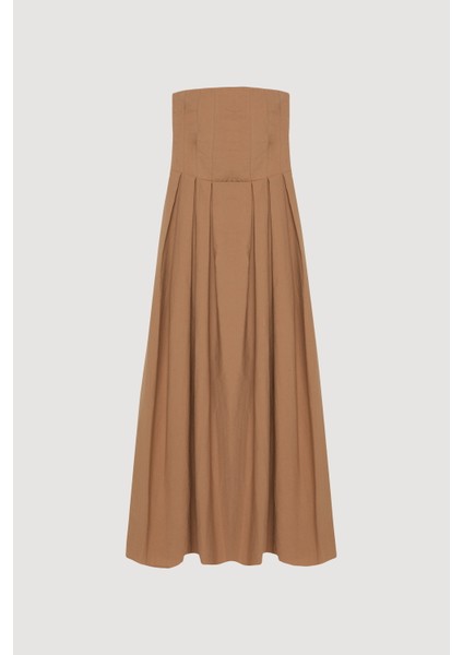 Straplez Pile Detaylı Uzun Elbise Kahverengi