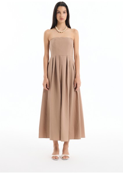 Straplez Pile Detaylı Uzun Elbise Kahverengi