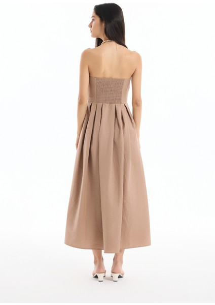 Straplez Pile Detaylı Uzun Elbise Kahverengi