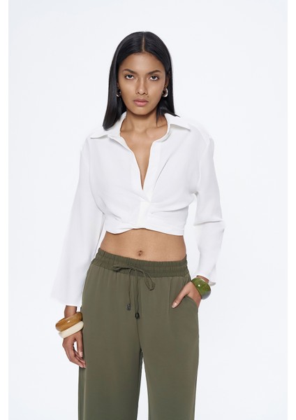 Beli Lastikli Crop Gömlek Beyaz