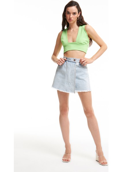 Çapraz Bağlamalı Crop Bluz Neon Yeşil