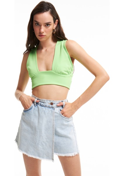 Çapraz Bağlamalı Crop Bluz Neon Yeşil