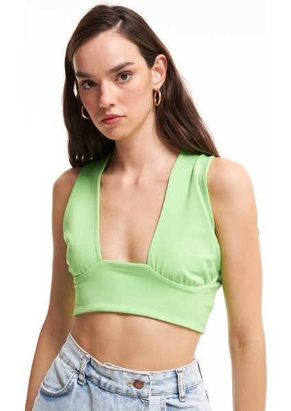 Çapraz Bağlamalı Crop Bluz Neon Yeşil