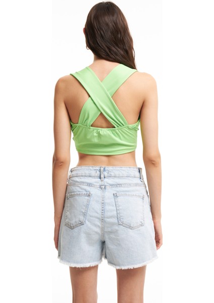 Çapraz Bağlamalı Crop Bluz Neon Yeşil