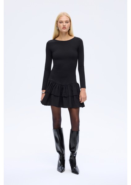 Katlı Fırfırlı Mini Elbise Siyah fiyatları