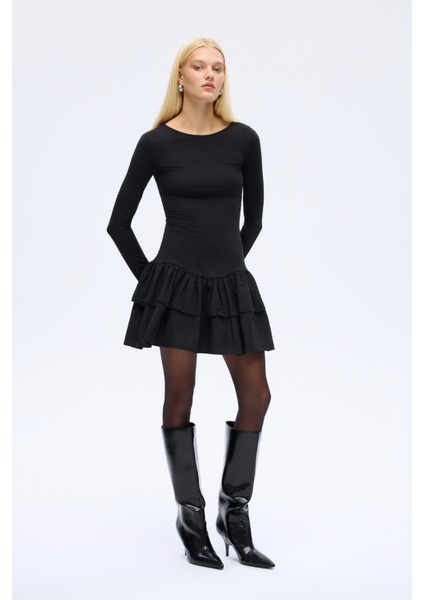 Katlı Fırfırlı Mini Elbise Siyah indirimleri