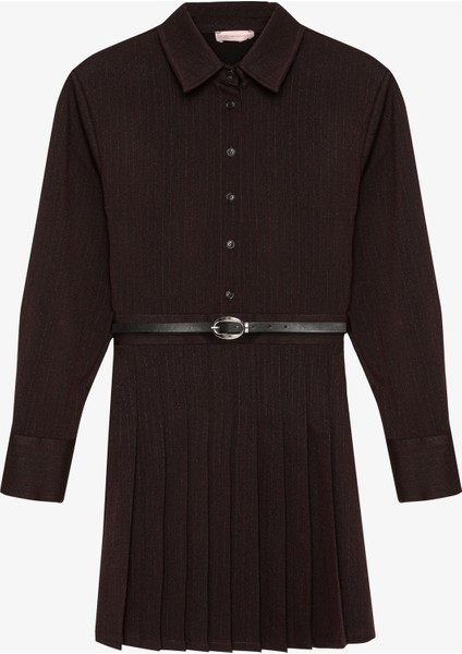 Pileli Kemerli Mini Gömlek Elbise Kahverengi modelleri