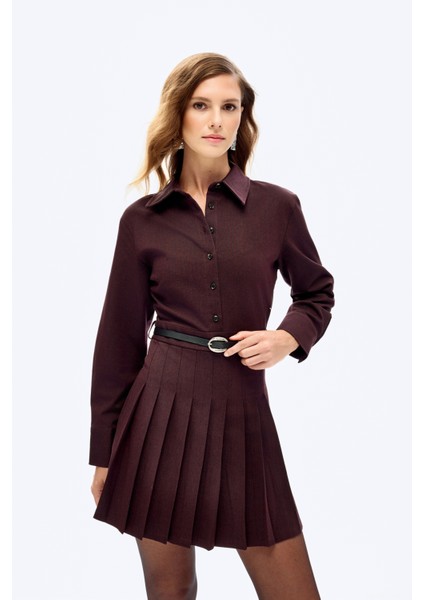 Pileli Kemerli Mini Gömlek Elbise Kahverengi indirimleri