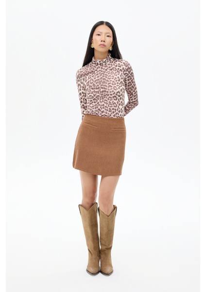 Fitilli Cep Detaylı Kadife Mini Etek Kahverengi fiyatları