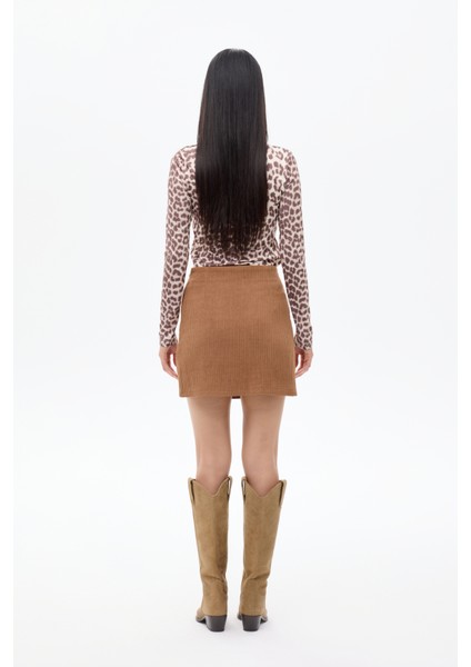 Fitilli Cep Detaylı Kadife Mini Etek Kahverengi