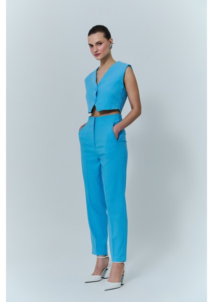 Pens Detaylı Yüksek Bel Pantolon Mavi