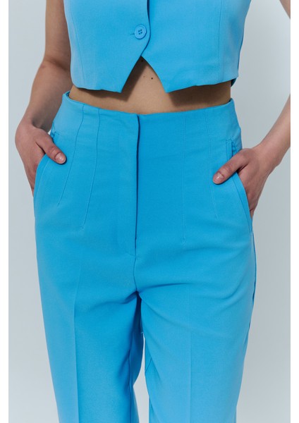 Pens Detaylı Yüksek Bel Pantolon Mavi