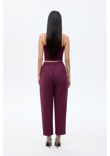 Beli Lastikli Kumaş Pantolon Mürdüm