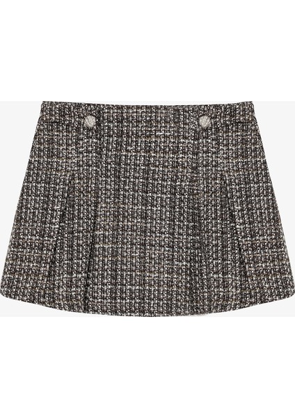 Pileli Düğme Aksesuarlı Tüvit Mini Etek Kahverengi