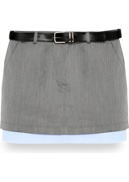 Kemer Aksesuarlı Kumaş Garnili Mini Etek Gri