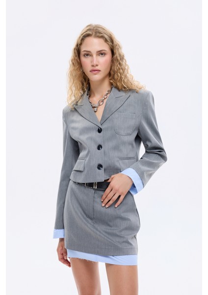 Kemer Aksesuarlı Kumaş Garnili Mini Etek Gri