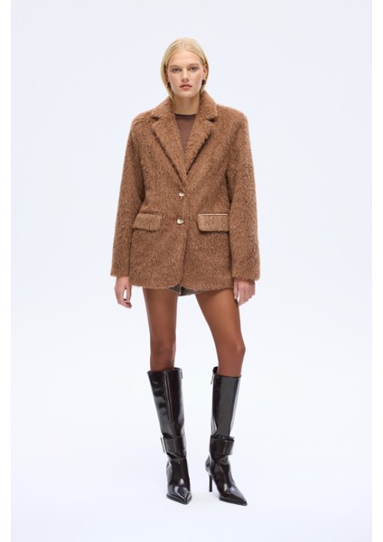 Tüylü Dokulu Oversize Blazer Ceket Kahverengi indirimleri