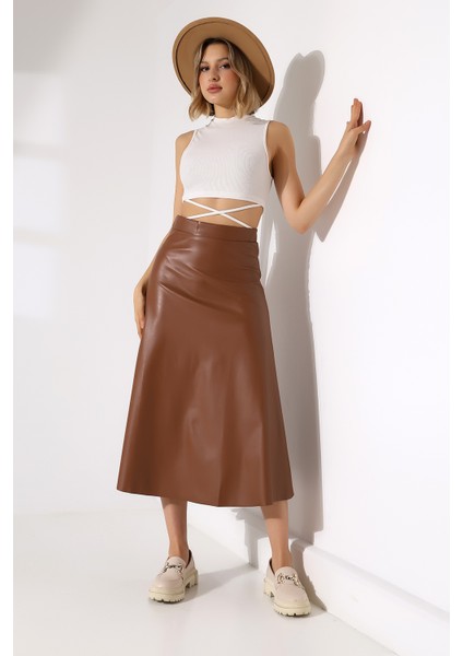 Suni Deri Etek Midi Boy Lazer Kesim indirimleri