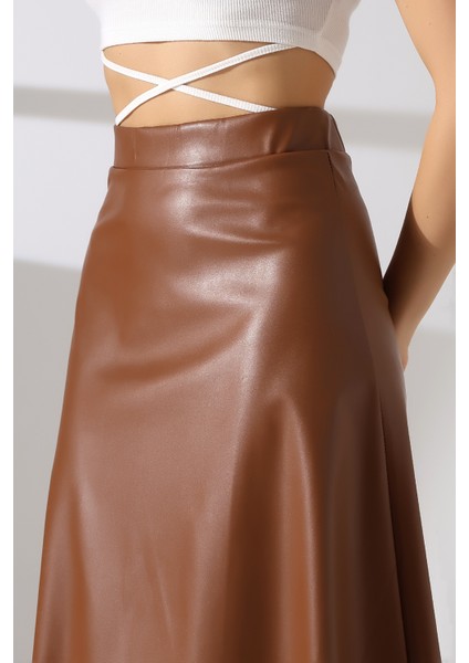 Suni Deri Etek Midi Boy Lazer Kesim