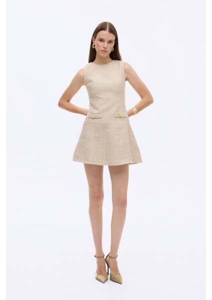 Cep Detaylı Yuvarlak Yaka Tüvit Mini Elbise Taş fiyatları