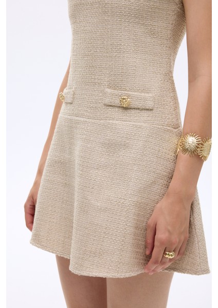 Cep Detaylı Yuvarlak Yaka Tüvit Mini Elbise Taş fırsatları