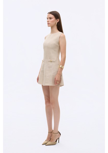 Cep Detaylı Yuvarlak Yaka Tüvit Mini Elbise Taş indirimleri