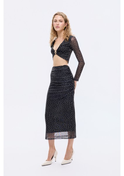 Puantiyeli Drape Detaylı Transparan Midi Etek Siyah