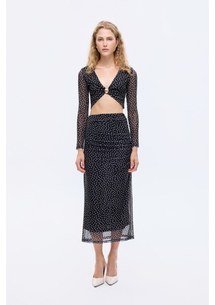 Puantiyeli Drape Detaylı Transparan Midi Etek Siyah