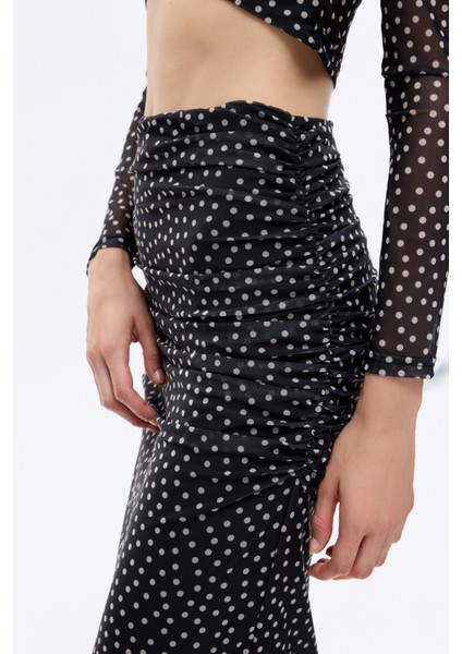 Puantiyeli Drape Detaylı Transparan Midi Etek Siyah