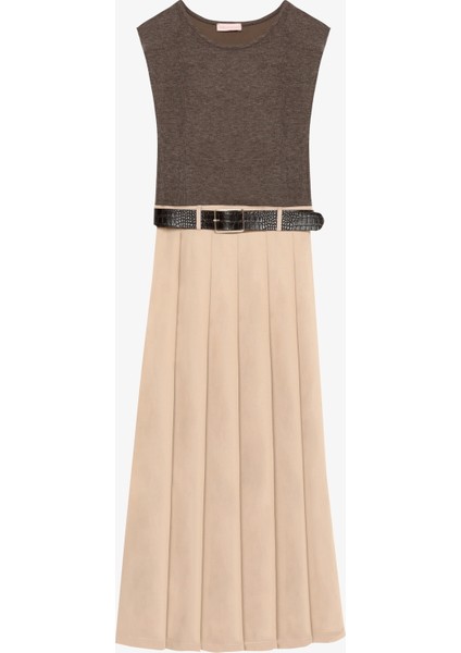 Kemerli Kontrast Kumaşlı Pileli Midi Elbise Kahverengi