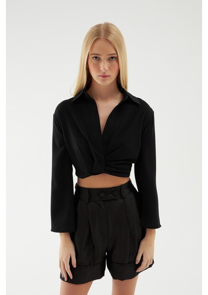 Beli Lastikli Crop Gömlek Siyah