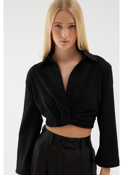 Beli Lastikli Crop Gömlek Siyah