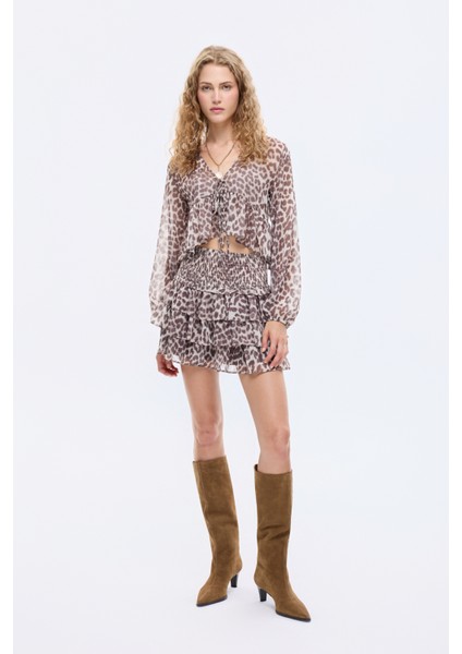 Fırfır Katlı Leopar Desenli Mini Etek Bej