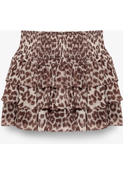Fırfır Katlı Leopar Desenli Mini Etek Bej