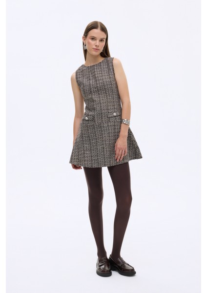 Düğmeli Cep Detaylı Tüvit Mini Elbise Kahverengi