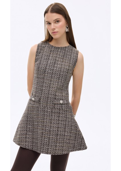 Düğmeli Cep Detaylı Tüvit Mini Elbise Kahverengi