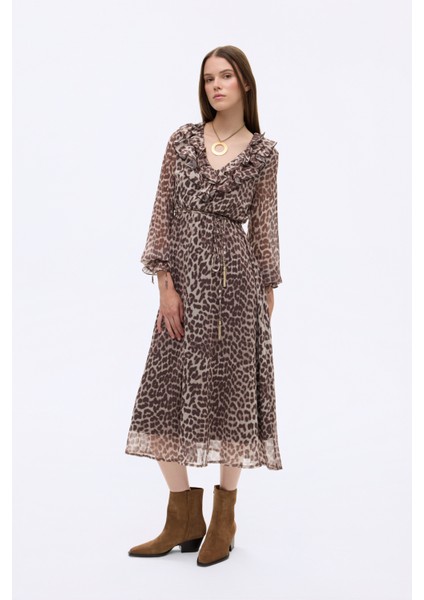Leopar Desenli Volan Yaka Midi Elbise Bej
