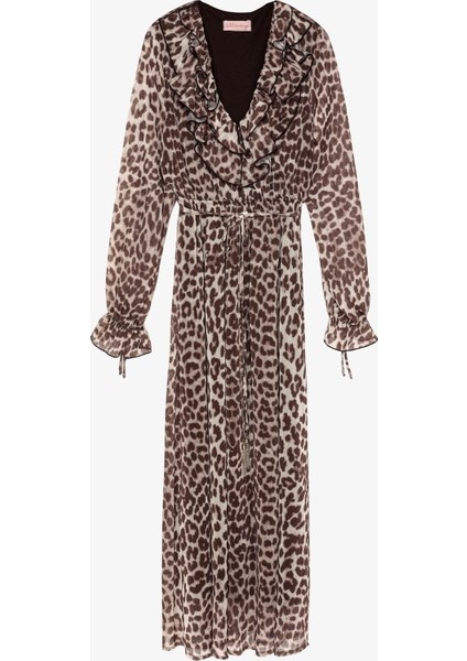 Leopar Desenli Volan Yaka Midi Elbise Bej