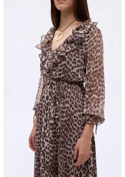 Leopar Desenli Volan Yaka Midi Elbise Bej