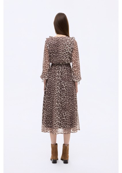 Leopar Desenli Volan Yaka Midi Elbise Bej