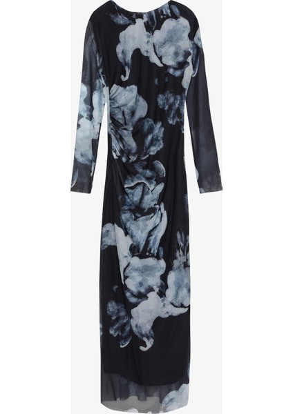 Batik Desenli Drapeli Tül Elbise Lacivert