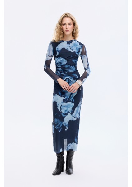 Batik Desenli Drapeli Tül Elbise Lacivert